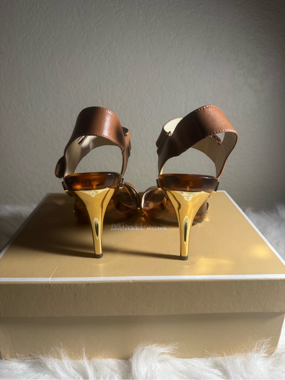 Michael Kors Brown Leather Sandals with Gold Heels and Tortoiseshell Detail